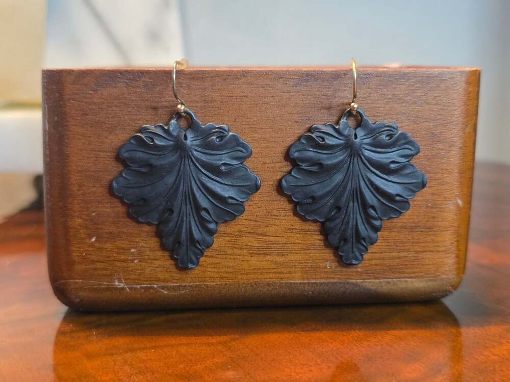 Vintage Matte Black Acanthus Leaf Dangle Earrings with Signature Hallmark